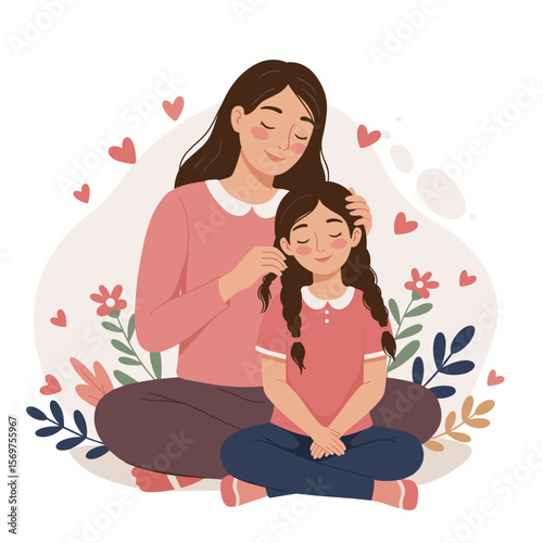 Mother combing daughter's hair while sitting in a floral setting  