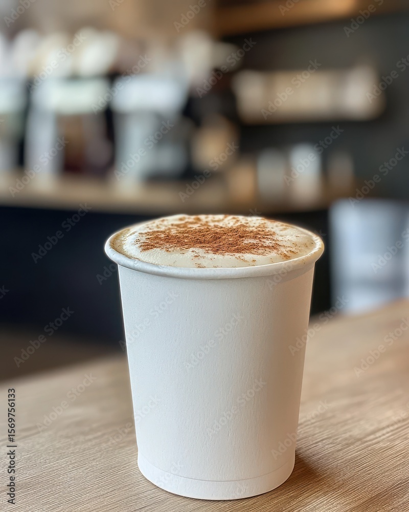 A close-up of a frothy coffee cup on a wooden table in a cozy caf? with blurred background A close-up of a frothy coffee cup on a wooden table in a cozy caf? with blurred background