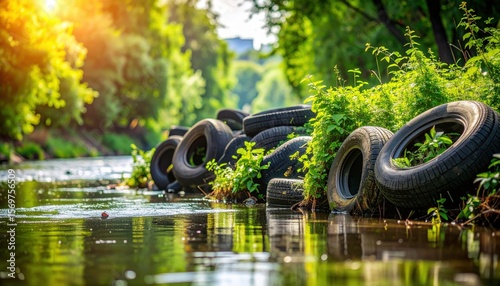 River Pollution: Discarded car tires pollute a serene riverbank, highlighting environmental waste and human impact on nature under warm sunlight.