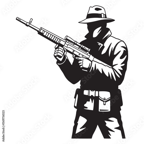 Silhouette illustration of a mysterious figure holding a rifle with scope ready to fire
