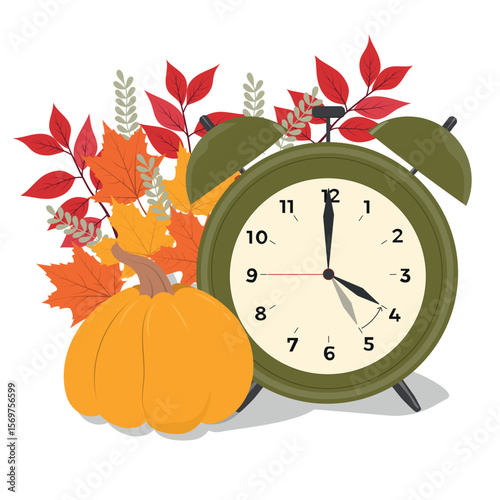  Clocks with pumpkin and autumn leaves. Change your clocks card for Fall Back. Hand drawn vector illustration	