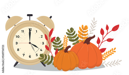 Change your clocks. alarm with pumpkins. Hand drawn fall back vector illustration