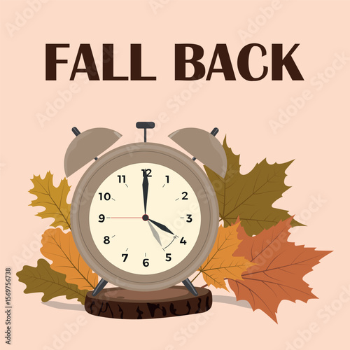 Clock on wooden log with fall leaves. Fall back vector illustration