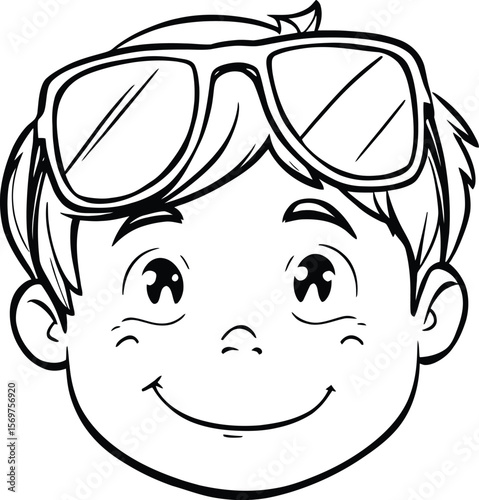 Shades of Joy — Silhouette Portrait of Smiling Child with Short Hair, Dimpled Cheeks, and Large Sunglasses Resting on Head