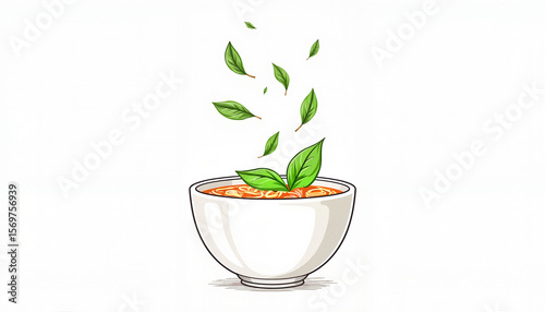 Minimal Vietnamese pho bowl with floating basil leaves, Asian cuisine