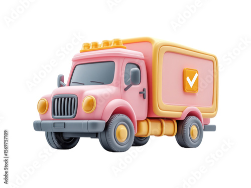 A pink truck with a yellow sticker on the side