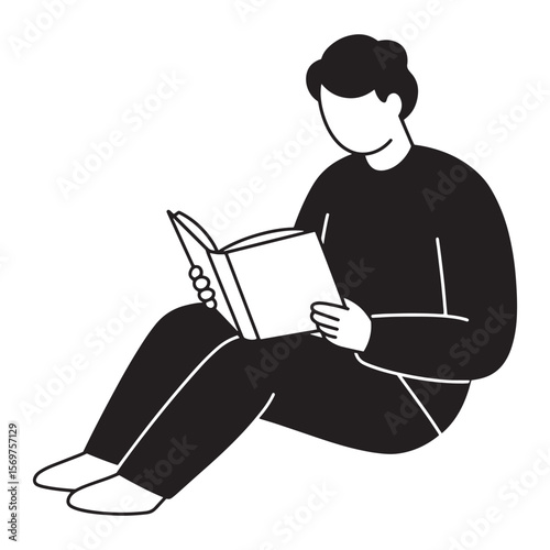 Simple black and white illustration of a person reading a book while sitting down
