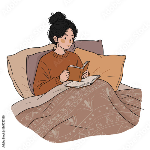 Young woman reading book while sitting in bed with cozy blankets  