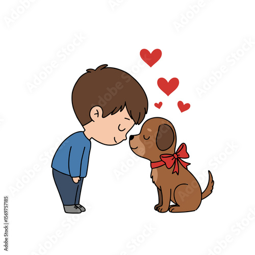 Boy kissing dog with hearts above them in a cute illustration  