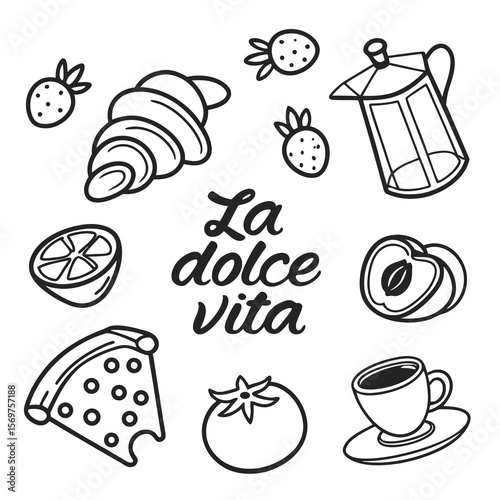 Hand draw la dolce vita breakfast or brunch doodles. Vector illustration of food and coffee icons in ink drawing style. Minimalist line art. Illustration for invitations, menus design, poster placard.