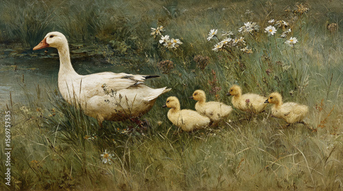Mother goose with ducklings following behind English countryside meadow pond vintage natural lighting, soft neutral colors