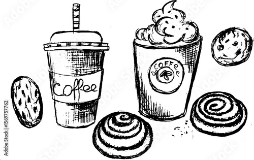 Coffee cups and cookies in hand-drawn illustration style  