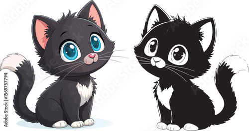 Digital Art Cute Black Cat with Bright Blue Eyes

