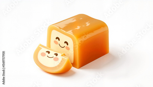 Smiling chestnut jelly dessert on white background, joyful treat