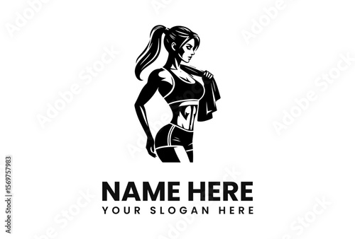 Fitness logo design featuring a muscular woman with a towel over her shoulder.