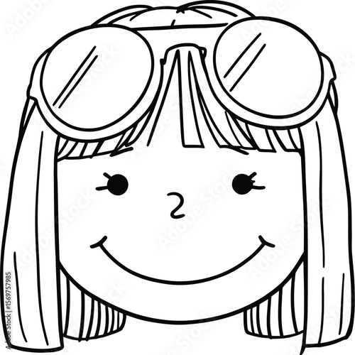 Goggles & Grins — Silhouette Cartoon Portrait of Smiling Child with Straight Bangs and Large Round Goggles Resting on Head