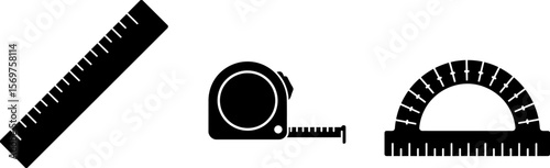 Measuring tools vector set: ruler, tape measure, protractor for engineering and design, black and white editable
