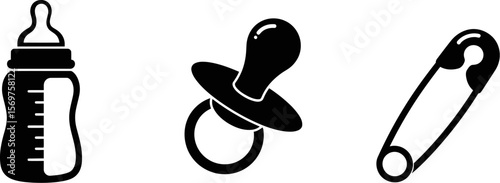 Baby bottle pacifier safety pin vector icons for newborn essentials and baby care products design needs editable
