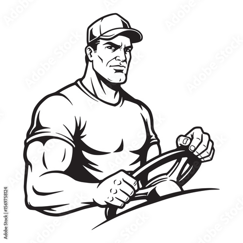Strong truck driver with baseball cap holding a steering wheel in vector illustration