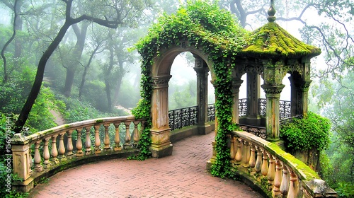 Old shrine gate blanketed with moss and ivy, shrouded in morning mist within a tranquil wooded area