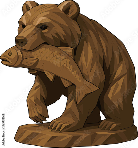 鮭をくわえた木彫りのクマのイラスト