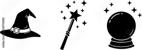 Witchcraft elements vector illustration: hat, magic wand and crystal ball for halloween design concept editable