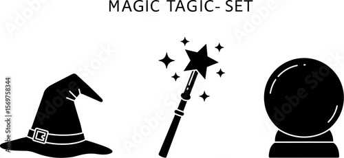 Magic set vector illustration with witch hat magic wand and crystal ball for halloween design and decoration editable