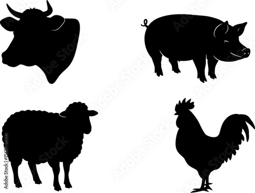 Livestock animals silhouette collection vector illustration farm animals cow pig sheep and rooster art editable