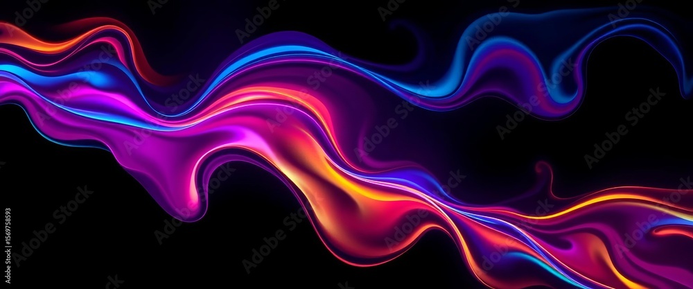 Fototapeta premium Fluid, swirling shapes in vibrant neon hues on dark background, pattern, design