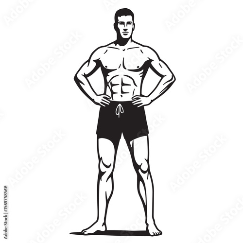 Vector illustration of a confident muscular man standing in shorts on a white background