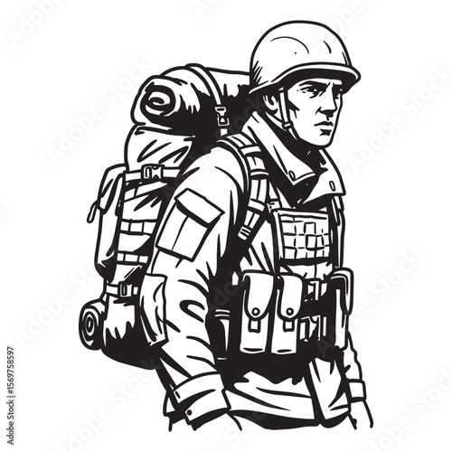 Vector illustration of a determined soldier carrying a backpack and military gear looking ahead