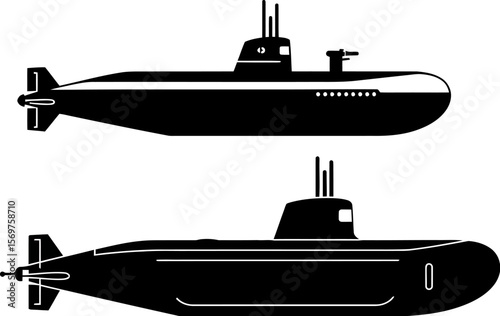 Submarine vector illustration black and white drawing of naval ship military vessel under water boat design editable
