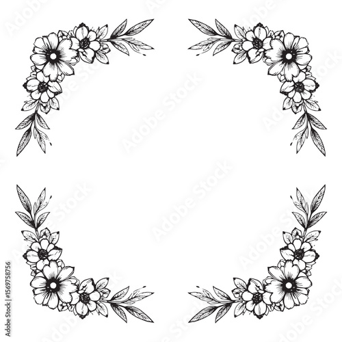 Elegant Black and White Floral Frame with Hand Drawn Flower Corners

