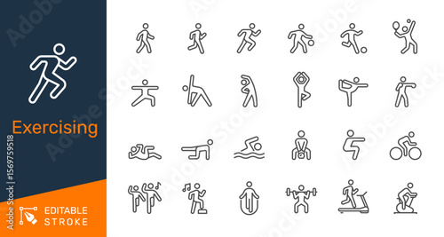 Exercising thin line icon collection for fitness, sport and healthy lifestyle concept. Editable stroke. Pixel perfect.