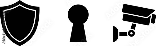 Security system icons set shield keyhole and cctv camera vector illustration for safe protection editable