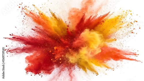 Explosion of red orange and yellow powder against a white background