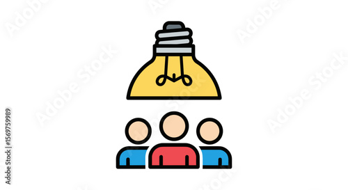 Three people standing under a light bulb on isolated background  