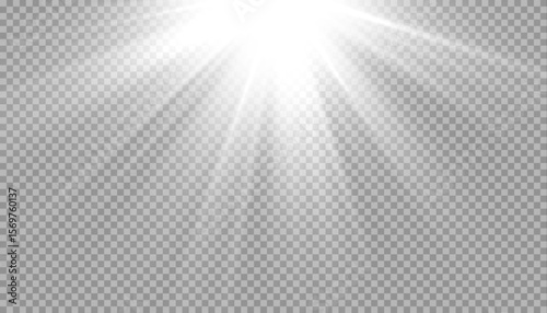 White glowing light explodes on a transparent background. with ray. Transparent shining sun, bright flash. 
