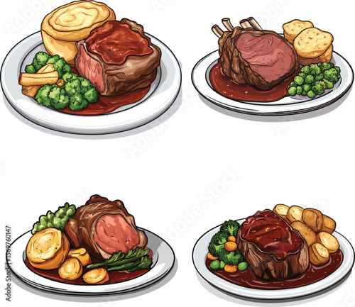Roast Beef Dinner With Yorkshire Pudding cartoon vector style on white background