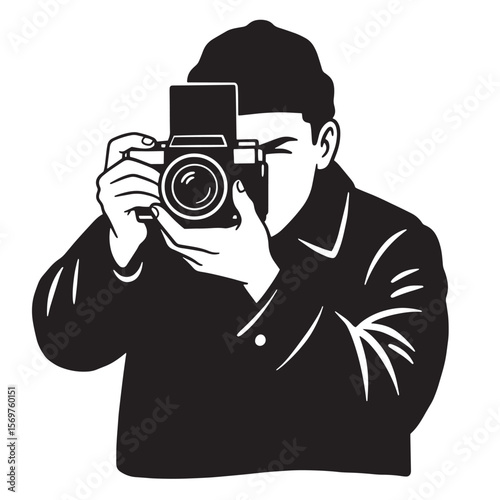 Vector illustration of a photographer holding a vintage camera ready to capture an image
