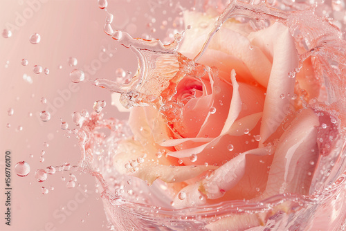 Close-up of rose blossom falling on water surface, top down view.