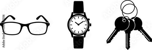 Essentials glasses watch and keys vector illustration for everyday carry and personal items concept editable
