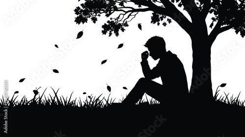 Resting Beneath the Rustle — Silhouette Scene of Pensive Seated Figure Under Sparse Tree with Falling Leaves and Gentle Grass