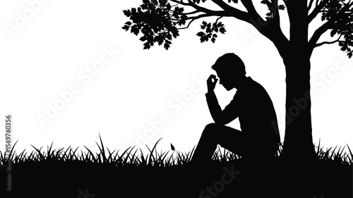 Silent Reflection — Silhouette Scene of Seated Figure Resting Under Tree, Surrounded by Gentle Grass and Sparse Branches on White Background