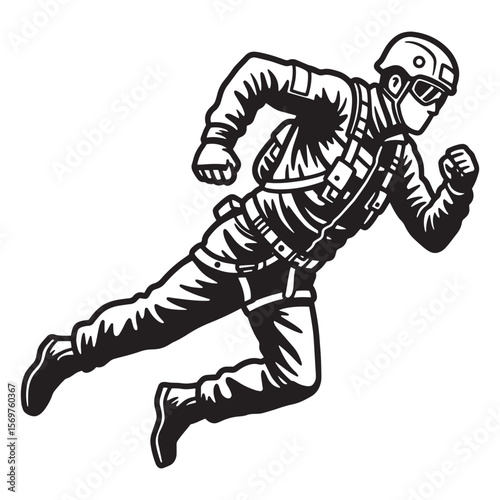 Vector illustration of a running soldier wearing tactical gear and helmet on white background