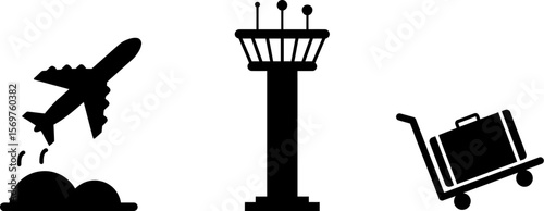 Airport travel vector illustration with plane, control tower and luggage trolley for travel design 100 editable