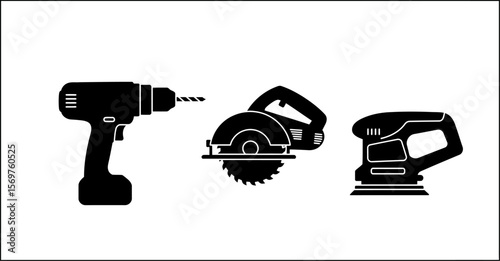 Power tools vector set drill circular saw sander icon construction equipment diy hardware tools illustration editable