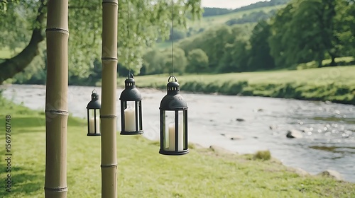 Bamboo poles with dormant lanterns hanging quietly beside a calm river walk surrounded by nature