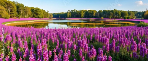 Purple heather blooms carpet a tranquil lake in Hoge Kempen National Park, Belgium  , purple, peaceful