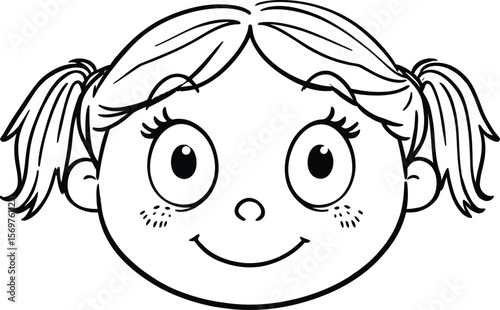 Joyful Twin Pigtails — Silhouette Cartoon Portrait of Smiling Child with Eyelashed Eyes, Freckled Cheeks, and Bouncy Hair
